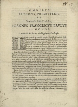 Omnibus episcopis, presbyteris, et universis fillis ecclesiae, Ioannes Franciscus Paulus de Gondi, C...
