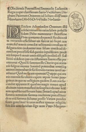 Obedientia Potentissimi Emanuelis Lusitaniae Regis zc. per clarissimum Iuris. V. co[n]sultum Dieghum...