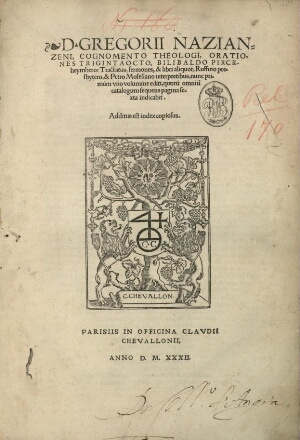 D. Gregorii Nazianzeni, cognomento theologi, Orationes trigintaocto, Bilibaldo Pirckheymhero, Tracta...