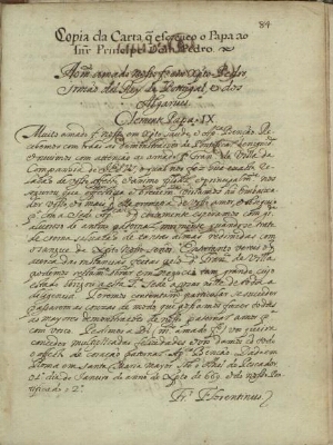 Copia da carta q[ue] escreueo o Papa [Clemente IX] ao Snr. Principe Dom Pedro