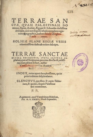 Terrae Sanctae, qvam Palaestinam nominant Syriae, Arabiae, Aegypti & Schondiae doctissima descriptio...