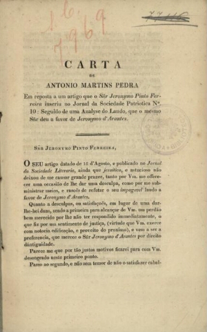 Carta de Antonio Martins Pedra