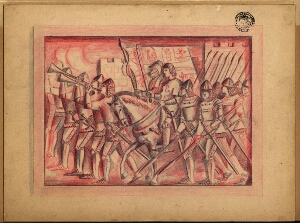 [Destacamento militar medieval, com porta-estandarte e cavaleiro de Santiago, entre soldados de infa...