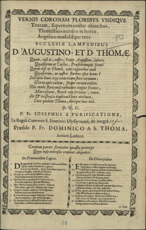 Vernis coronam floribus undique textam... ecclesiae lampadibus D. Augustino et D. Thomae... D. V. C....