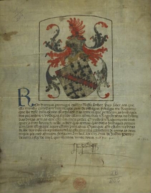 [Carta de brasão de armas dos Pessanhas e Vilhegas passada pelo Rei de Armas de D. João III a Pedro ...