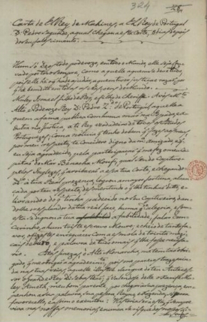 Carta de ElRey de Mechines a ElRey de Portugal D. Pedro Segundo, a qual chegou a esta Corte 8 dias d...