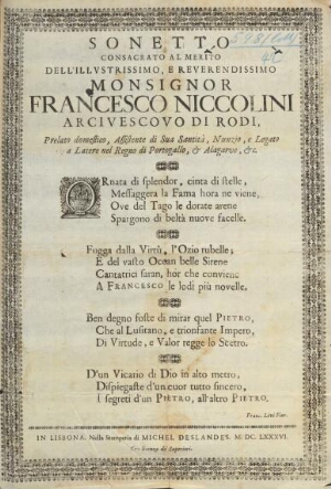 Sonetto consacrato al merito deIl' Illvstrissimo, e Reverendissimo Monsignor Francesco Niccolini Arc...