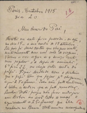 [Carta, 1915 out. 20, Paris a Carlos de Sá Carneiro]