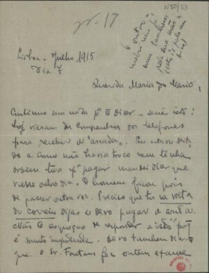 [Carta, 1915 jul. 7, Lisboa a Maria Cardoso de Sá Carneiro]