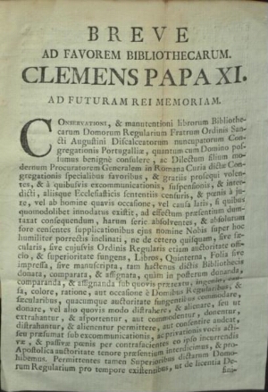 Breve ad favorem Bibliothecarum Clemens Papa XI. Ad Futuram Rei Memoriam
