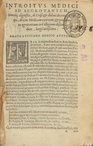 Curationum medicinalium Amati Lusitani centuriae quatuor. Quibus praemittitur Commentatio de introit...