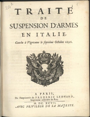 Traité de suspension d'Armes en italie. Conclu à vigevano le septiéme Octobre 1696