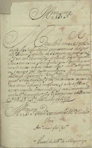 [Carta de Manoel de Saldanha de Albuquerque dirigida a Francisco Xavier de Mendonça Furtado, Governa...