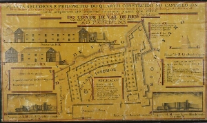 Planta, seccoens e prospectos do quartel construído no castello da Praça de Faro...