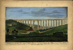 A prospect of the new Aqueduct of Lisbon, as crossing over the Vallery of Alcantra = perspectiva dos...