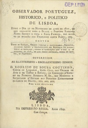 Observador portuguez, historico, e politico de Lisboa, desde o dia 27 de Novembro do anno de 1807, e...