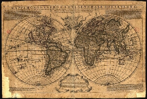 Mappa mondo overo carta generale de la Terra divisa in dve emisferj secondo la proiezzione piu comvn...
