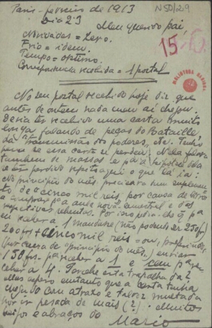 [Bilhete-postal, 1913 fev. 23, Paris a Carlos de Sá Carneiro, Lisboa]