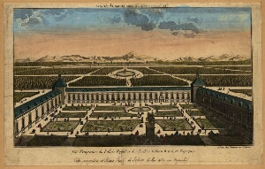 Vüe perspective du Palais Royal et des Jardins du Buen Retiro, en Espagne