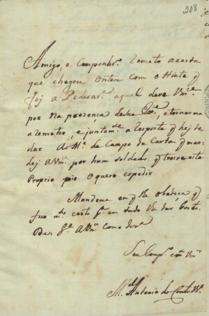 [Carta de Manuel António de Couto a informar que remeteu a carta que chegou no dia anterior]