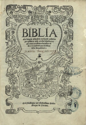 Biblia en lengua Española traduzida palabra por palabra dela verdad Hebrayca por muy excelentes letr...