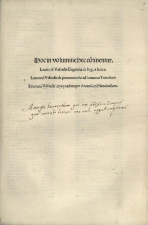 Elegantiae linguae latinae ;De Pronomine sui.Lima quaedam Laurentii Vallensis