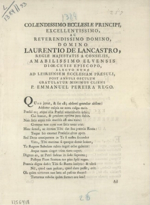 Colendissimo Ecclesiae Principi, excellentissimo, ac reverendissimo Domino, Domino Laurentio de Lanc...