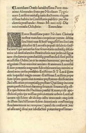 Oratio Lucensium Alexandro VI habita pro obedientia praestanda