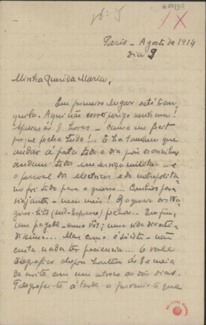 [Carta, 1914 ago. 9, Paris a Maria Cardoso de Sá Carneiro]