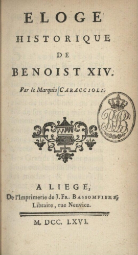 Eloge historique de Benoist XIV