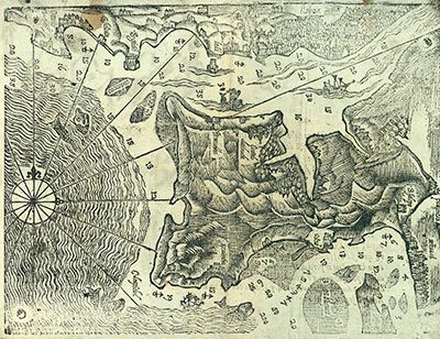 Imagem 4 - Foz do Rio Tejo in Regimento de pilotos, e roteiro das navegaçoens da India Oriental… de António de Mariz Carneiro, Lisboa, 1642