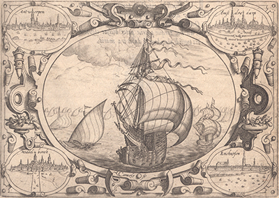 Imagem 1 -Folha de rosto de Navigatio ac Itinerarium Iohannis Hugonis Linscotani in Orientalem sive Lusitanorum Indiam…, Haia, 1599